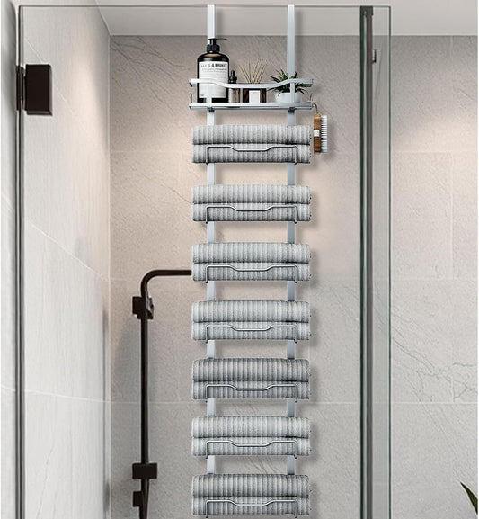 Over-the-Door Towel Rack – 8-Tier No-Drill Hanging Organizer for Bathroom, Back Door – Space-Saving Rolled Towel Holder (Silver)