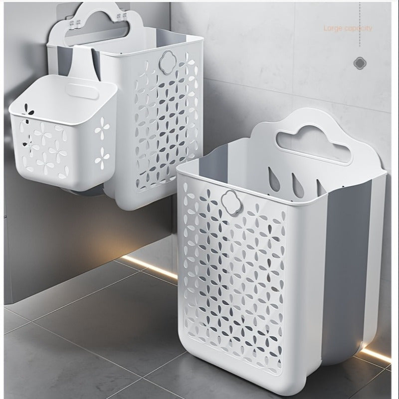 Foldable Wall-Mounted Storage Basket – No-Drill Installation, Contemporary White & Grey