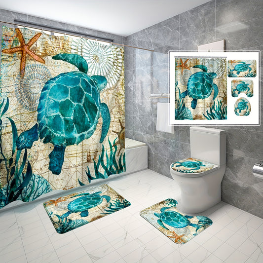 4-Piece Ocean-Inspired Shower Curtain Set – Turtle & Seaweed Design with Mats, Toilet Cover & Hooks