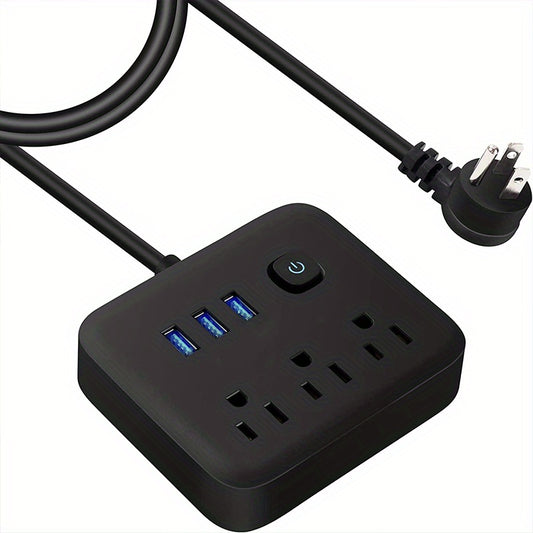 Touch-Controlled Power Strip Surge Protector – 3 AC Outlets, 3 USB Ports, Flat Plug, Overload Protection, Compact Charging Station for Home, Office & Travel (Black or White)