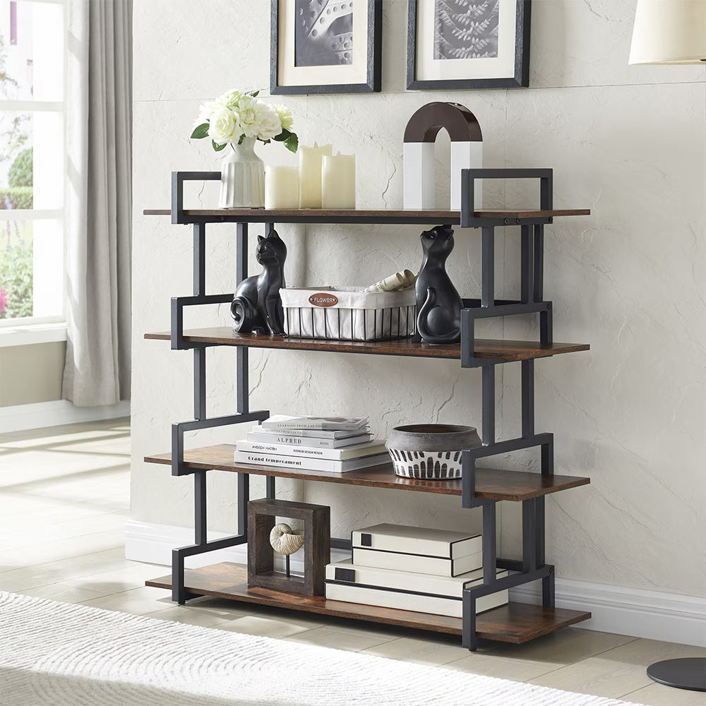 Modern Industrial Bookcase – 4-Tier Open Storage Shelf, Metal Frame & Wood Shelves