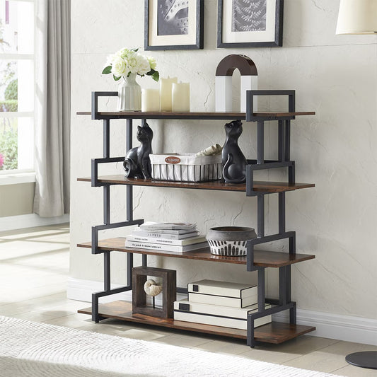 Modern Industrial Bookcase – 4-Tier Open Storage Shelf, Metal Frame & Wood Shelves
