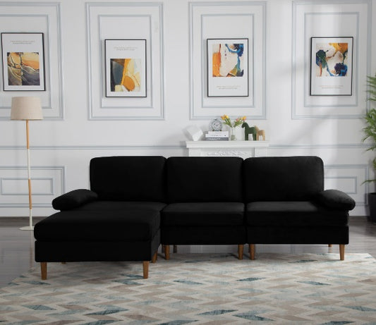 Modular Sectional Sofa – Velvet Upholstery with Movable Ottoman, Black