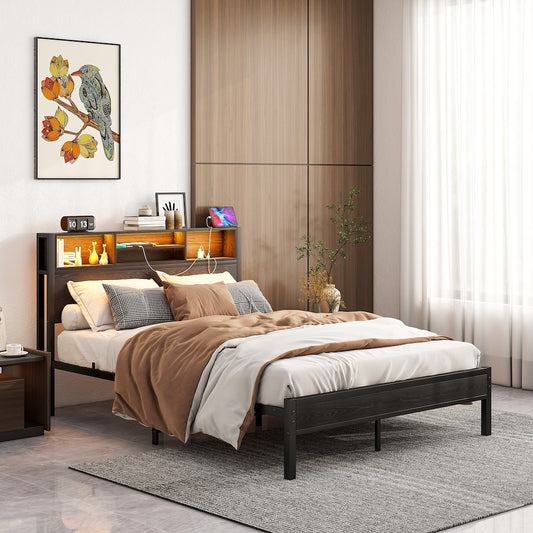 Full Size Bed Frame With Storage Headboard, Metal Platform Bed With Charging Station, Bookcase Storage, No Box Spring Needed, Easy Assembly, Noise-Free, Black