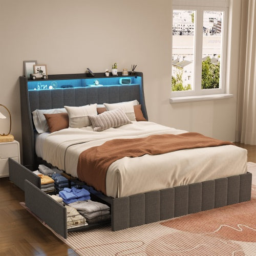 Full-Size Bed Frame with LED Headboard, 4 Under-Bed Storage Drawers & Wingback Design