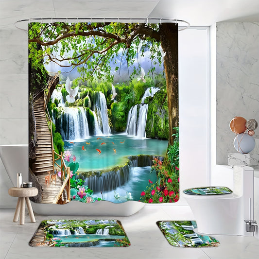 4-Piece Forest Waterfall Shower Curtain Set – Nature-Inspired Bathroom Decor with Non-Slip Mats & Lid Cover