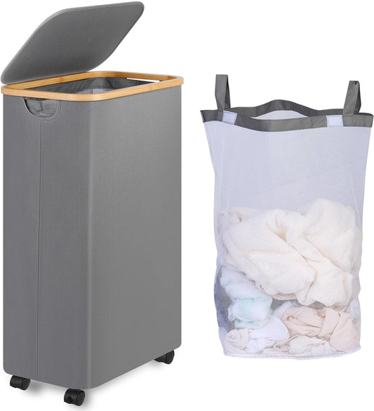 iEGrow 75L Slim Laundry Hamper with Wheels, Clothes Hamper for Laundry, Laundry Basket with Lid & Inner Bag for Laundry Room, Bedroom, Dormitory...