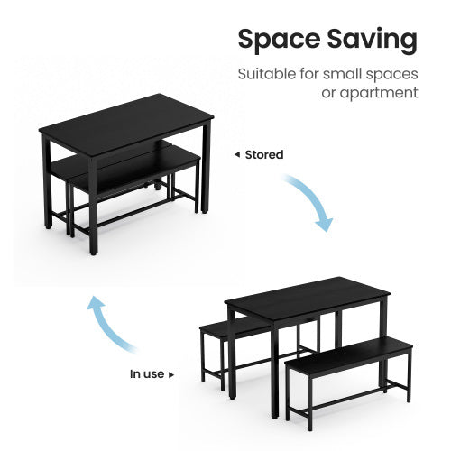 3-Piece Industrial Dining Table Set – Black Table with 2 Benches, Space-Saving Design for Kitchen or Living Room