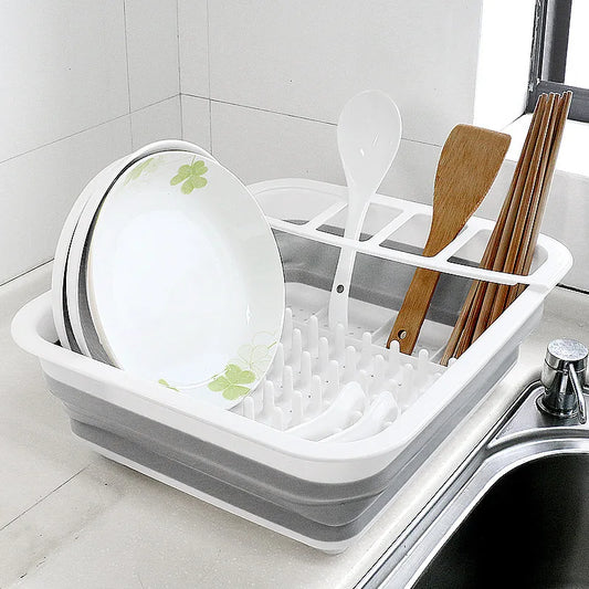 Foldable Plastic Dish Drying Rack – Kitchen Storage Organizer with Drain Tray