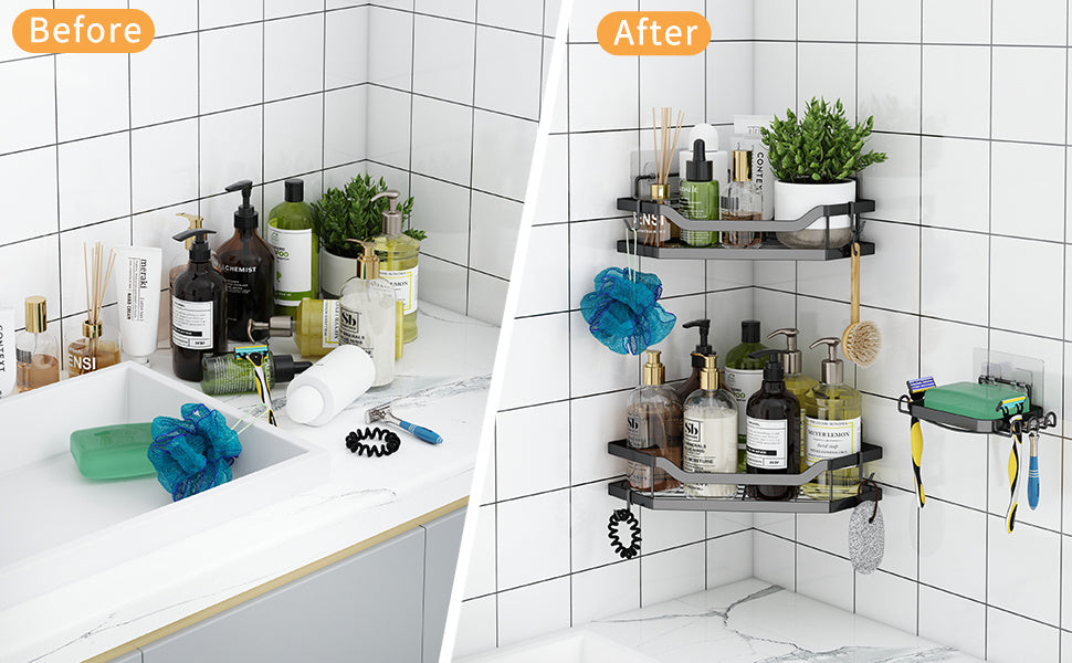 L-Shaped Corner Shower Rack – No-Drill Stainless Steel Shower Caddy with Hooks &amp; Adhesive Mount