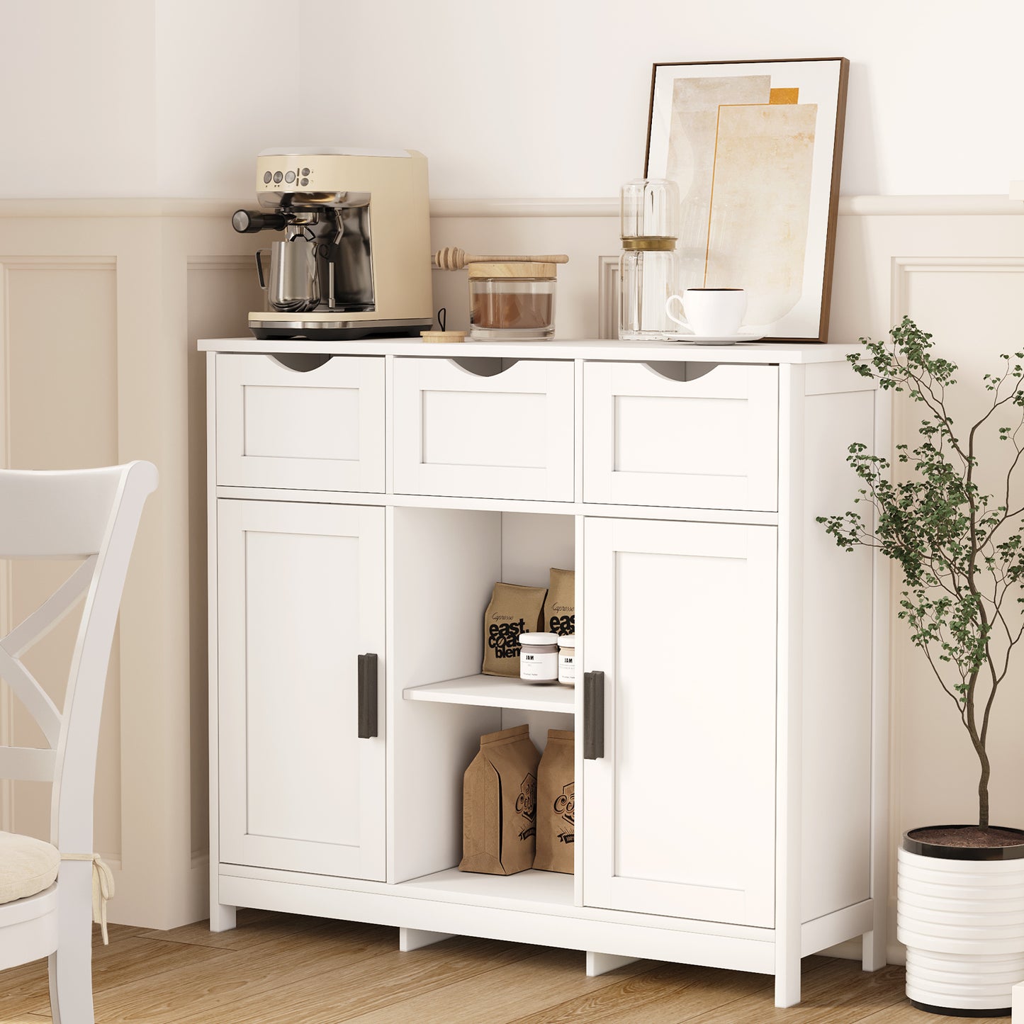 White Cabinet with Drawers and Shelves – Versatile Storage Furniture for Living Room, Bedroom, or Bathroom Décor