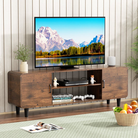 Modern 55" TV Stand with Tempered Glass Doors, Charging Station & Rounded Corners – Walnut Finish