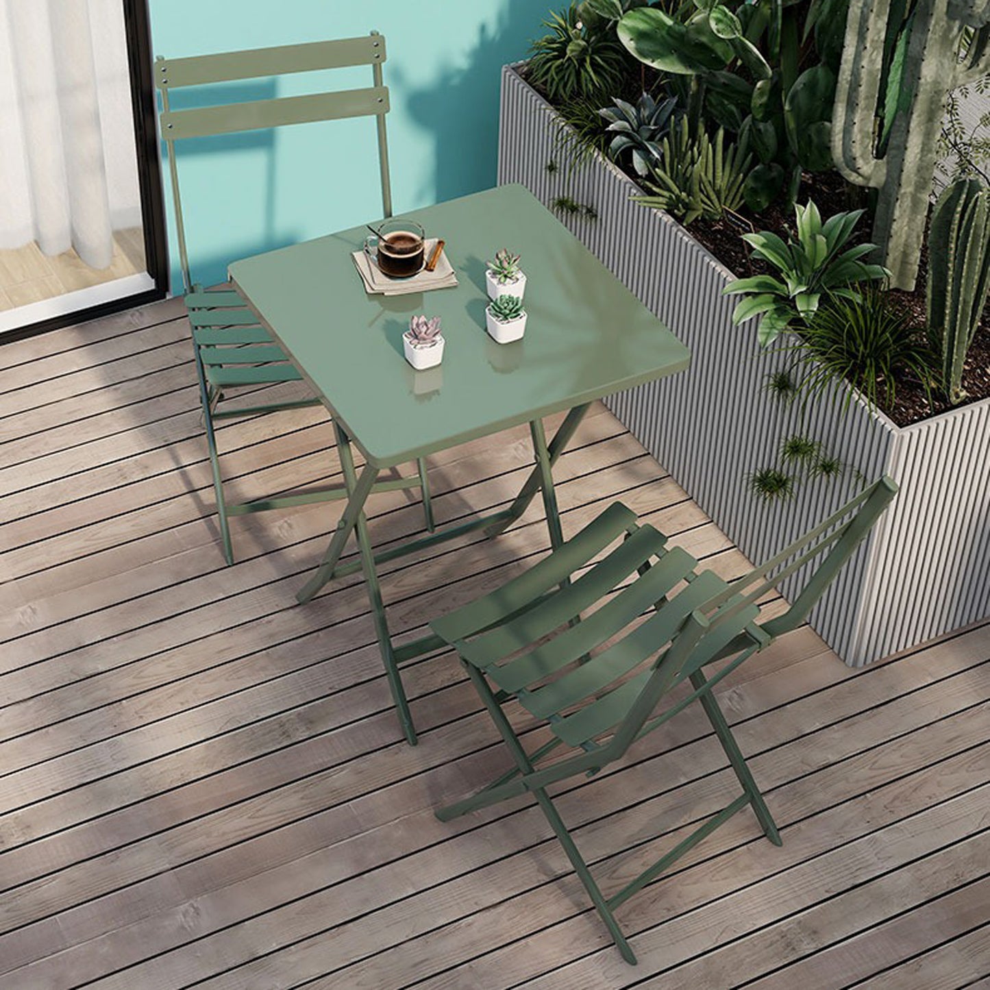 3 Piece Patio Bistro Set of Foldable Square Table and Chairs, Dark Green