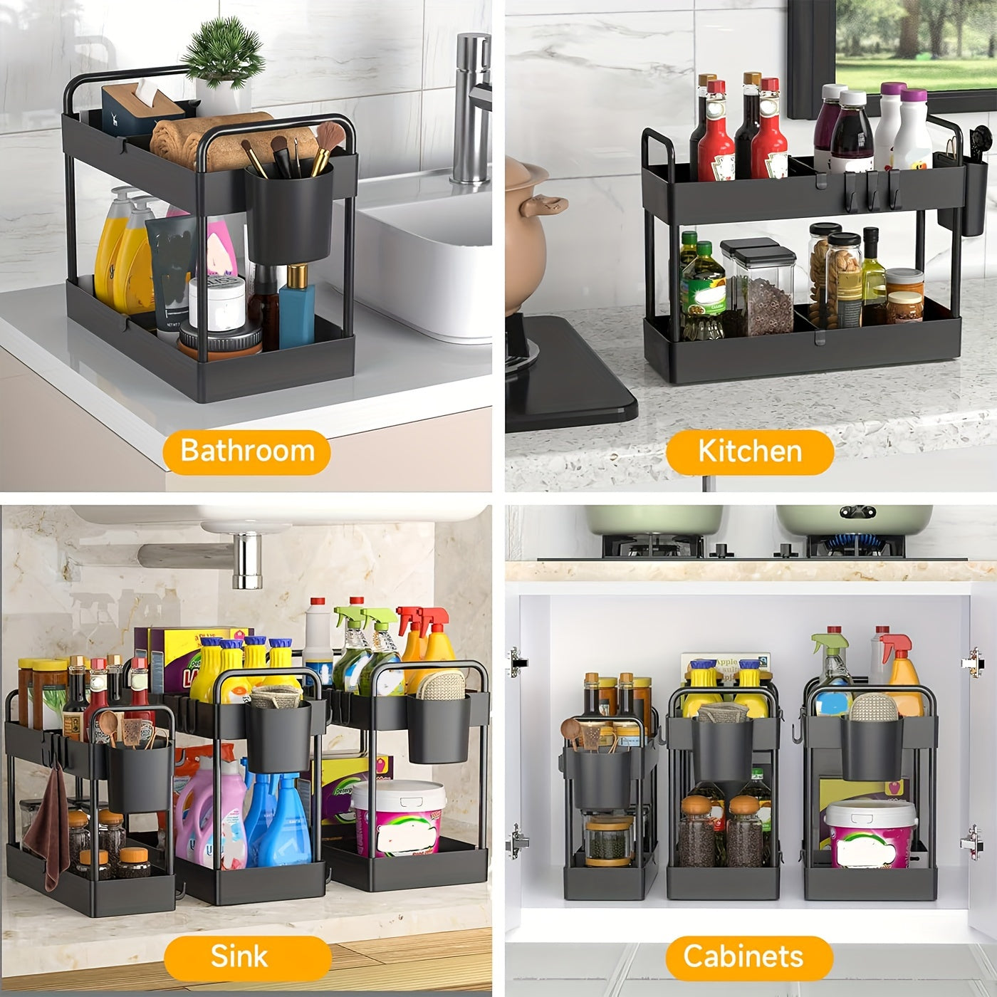3-Piece Leak-Proof Pull-Out Organizer Set – 2-Tier Under Sink Storage with Dividers, Hooks, Cup & Handles – Large Capacity for Kitchen & Bathroom