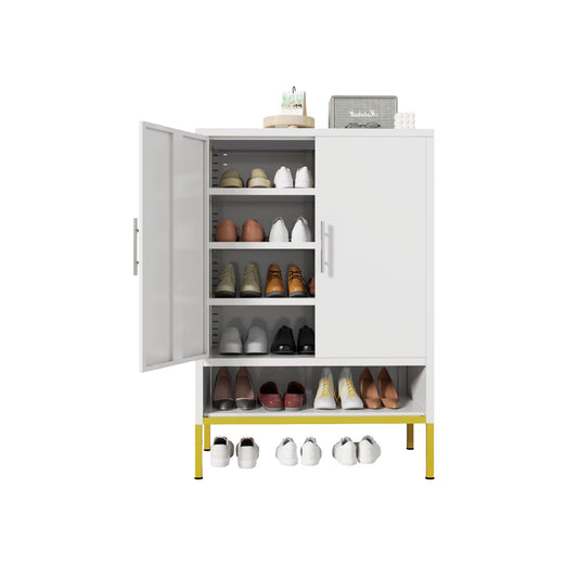 2-Door Metal Shoe Storage Cabinet with Shelves – White, Modern Design