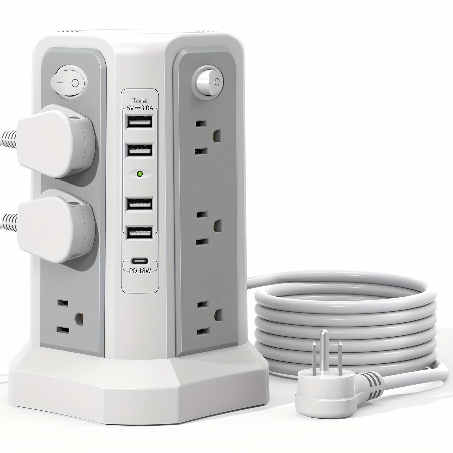 Surge Protector Power Strip Tower with USB-C (PD 18W) – 10FT Extension Cord, 12 AC Outlets & 5 USB Ports, Space-Saving Charging Station for Home, Office & Dorm