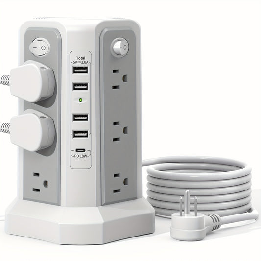 Surge Protector Power Strip Tower with USB-C (PD 18W) – 10FT Extension Cord, 12 AC Outlets & 5 USB Ports, Space-Saving Charging Station for Home, Office & Dorm