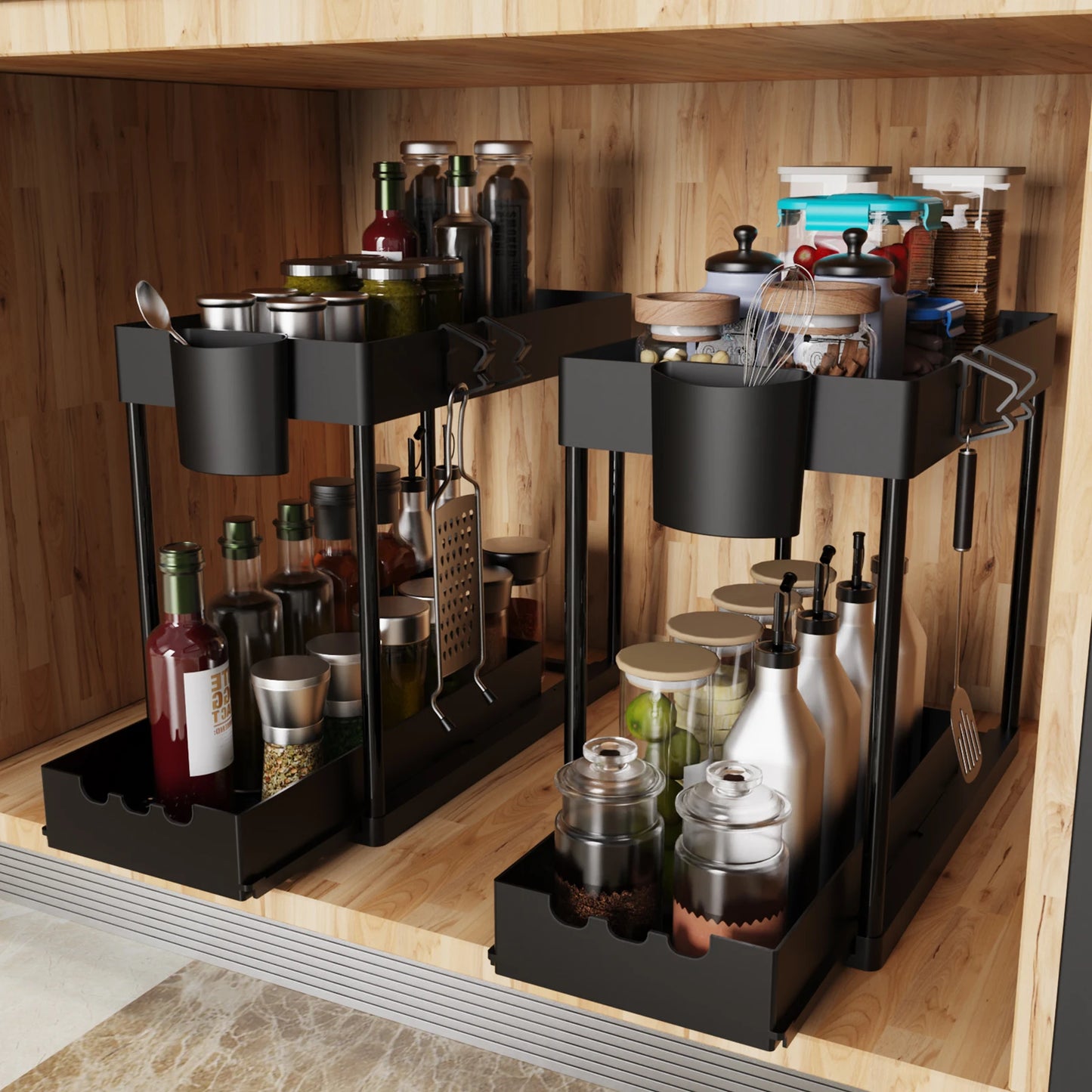 2-Pack 2-Tier Sliding Cabinet Organizer – Under Sink Storage Rack for Kitchen & Bathroom