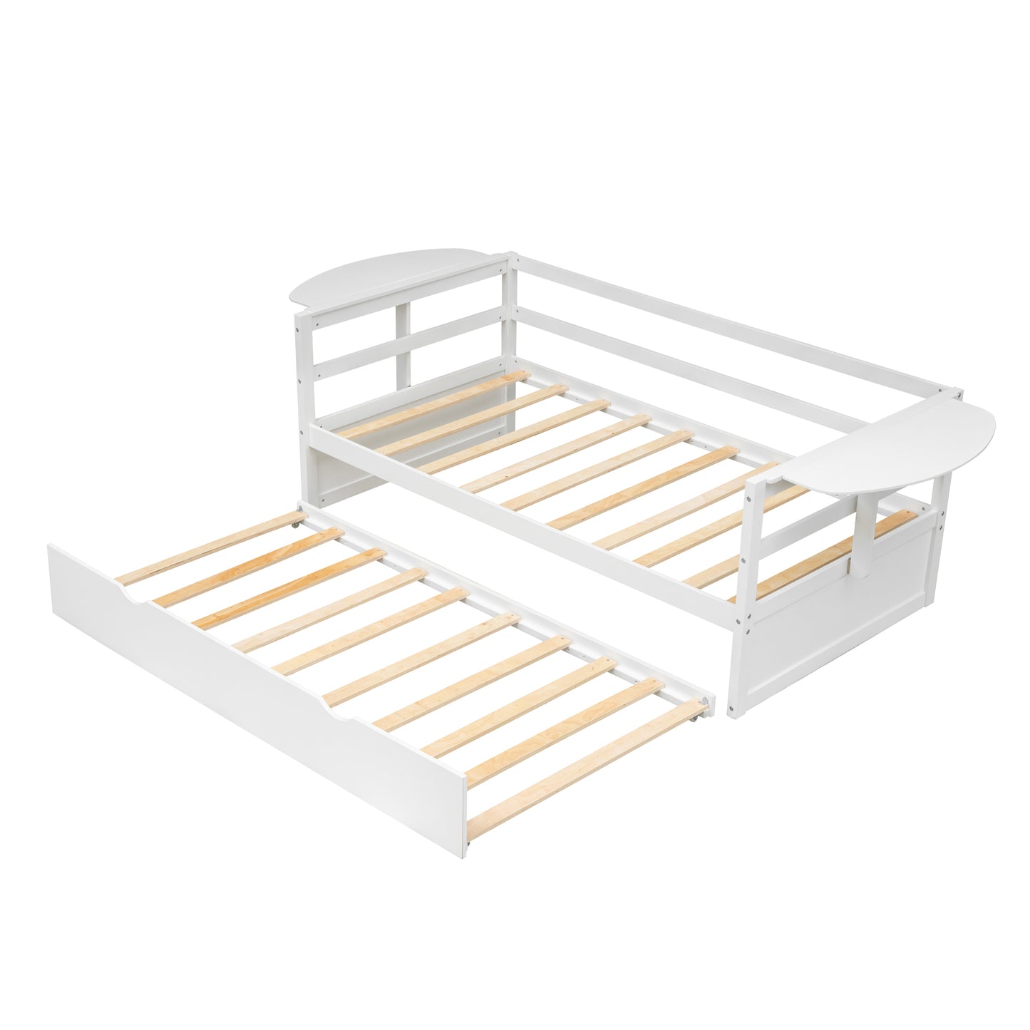 Twin Size Daybed with Trundle and Foldable Shelves on Both Sides – Space-Saving White Wood Frame for Bedroom