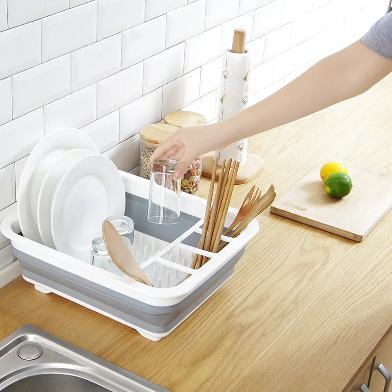 Foldable Plastic Dish Drying Rack – Kitchen Storage Organizer with Drain Tray