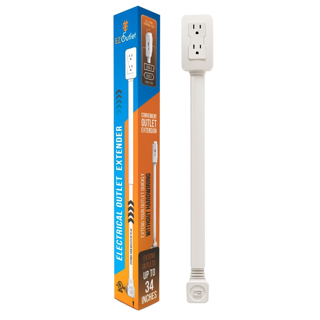 Electrical Outlet Extender. Access Hard-to-Reach Outlets! Features USB-A, USB-C, and 2 AC Outlets, Extends 22"-34", Rotates 180°. Use Behind Couches, Nightstands, Desks, and More.
