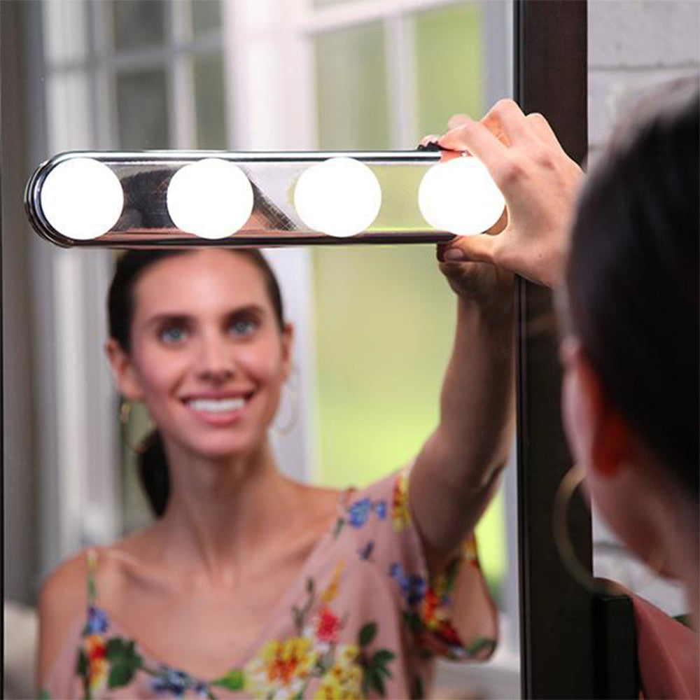 Hollywood LED Makeup Mirror Light – 4-Bulb Vanity Lamp with Suction Cup Installation, Battery Powered for Dressing Table or Bathroom Wall