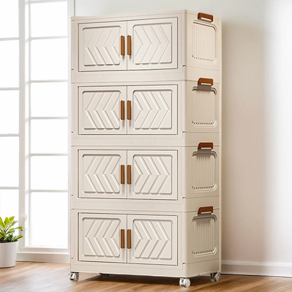 4-Tier Stackable Storage Bins with Lids, Doors & Wheels – Foldable Organizer for Apartment or Dorm