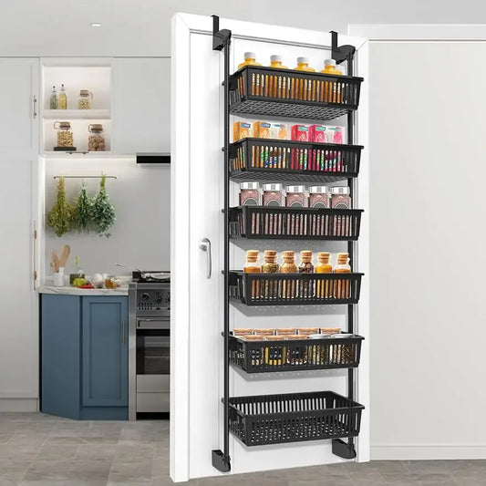 Over-the-Door Pantry Organizer – 6-Tier Adjustable Metal Rack with Baskets, Heavy-Duty Wall-Mounted Storage for Kitchen & Pantry