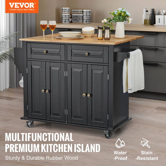 Kitchen Island Cart – VEVOR 43" Wood Top, Rolling Storage Cabinet with Drop Leaf, Spice Rack & Towel Bar (Black)