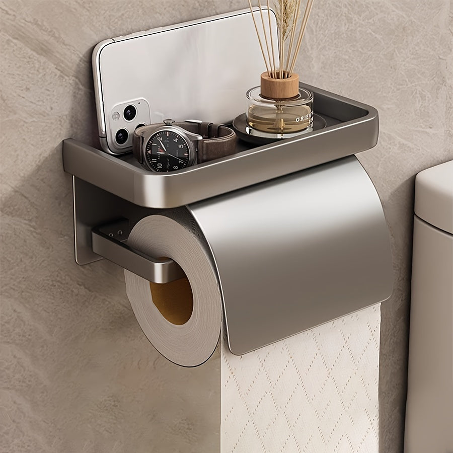 Space Aluminum No-Drill Tissue Holder – Waterproof Wall-Mounted Roll Paper Rack (Polished Finish)