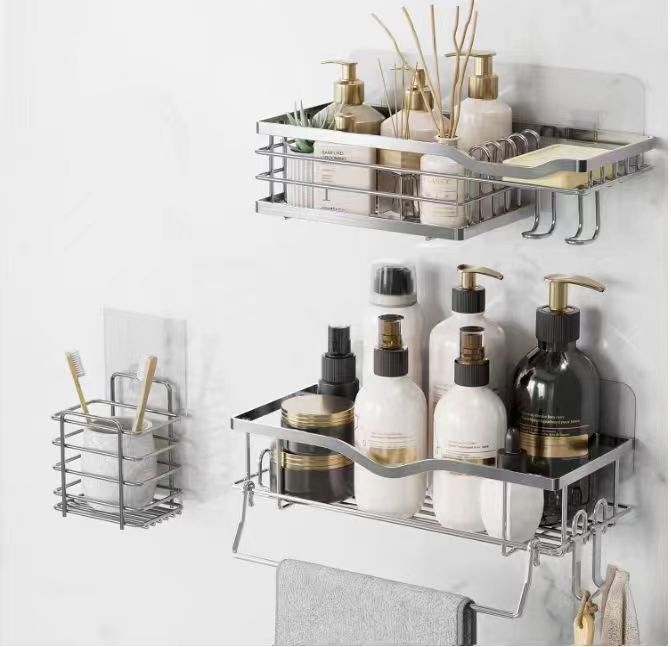 3-Piece Stainless Steel Shower Caddy Set – Wall-Mounted Organizer with Hooks &amp; Soap Dish (No Drilling Required)