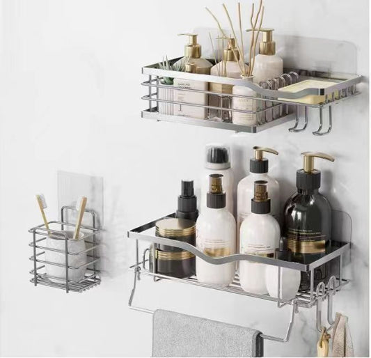 3-Piece Stainless Steel Shower Caddy Set – Wall-Mounted Organizer with Hooks &amp; Soap Dish (No Drilling Required)
