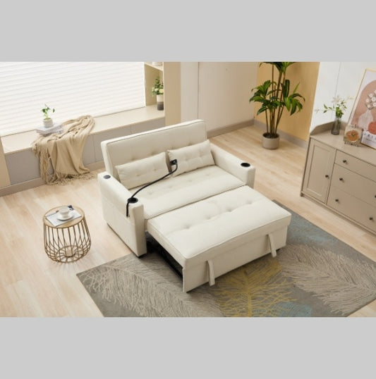 3-in-1 Futon Chair Bed Sleeper with USB Ports & Cup Holders – Convertible Armchair, Adjustable Backrest, White Technical Leather