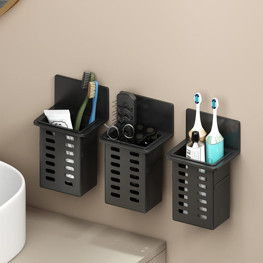 No-Drill Black Wall-Mounted Bathroom Organizer – Mold-Resistant Plastic Storage Basket