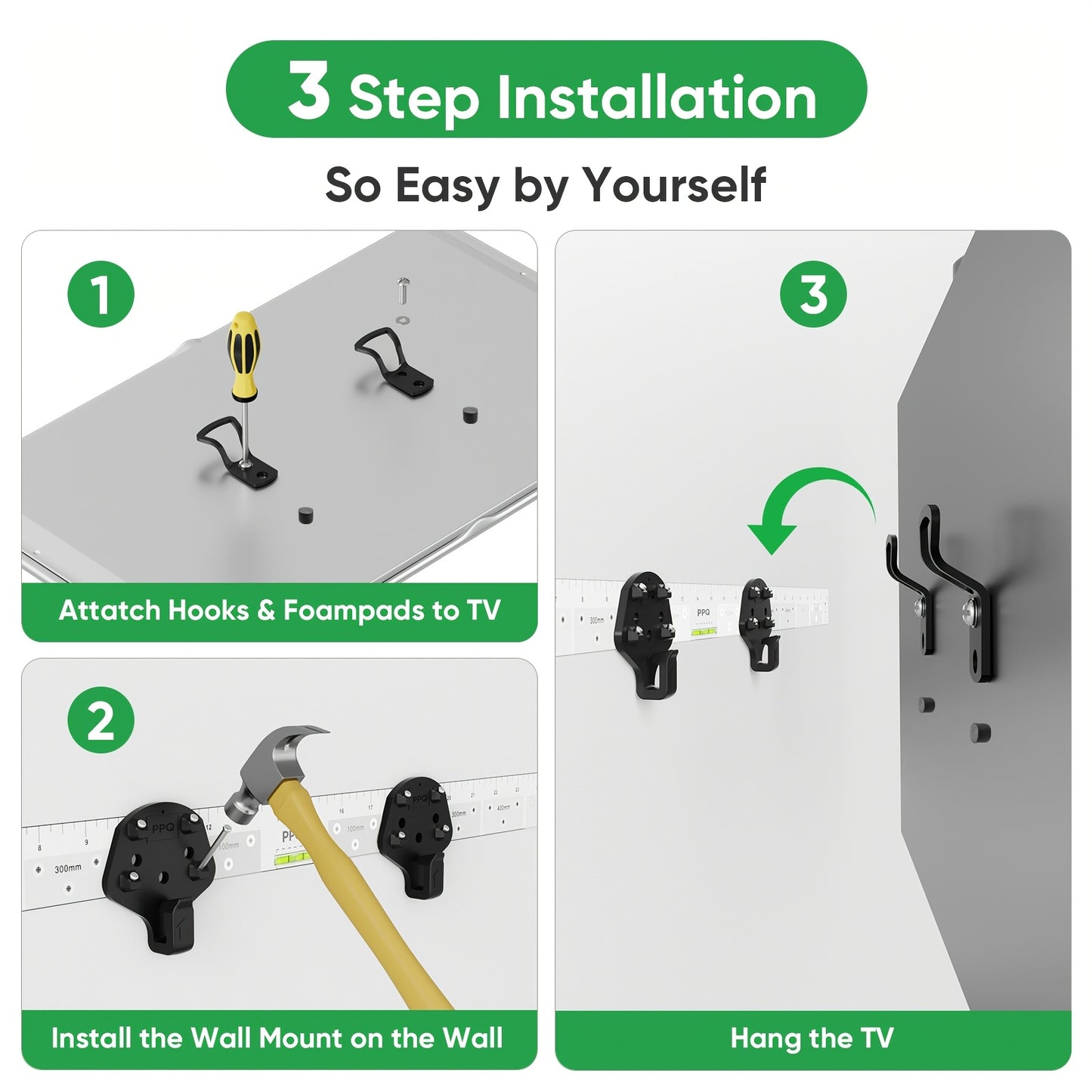 No-Drill TV Wall Mount by PPQ – Studless DIY Bracket for 19–100" Flat Screens, Low Profile, VESA 900x600