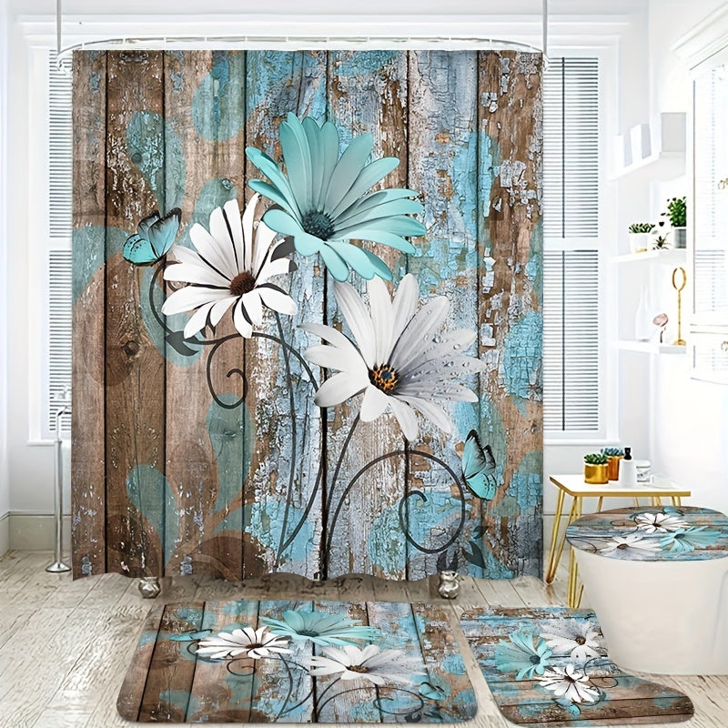 4-Piece Daisy Print Shower Curtain Set – Waterproof Bathroom Decor with Non-Slip Mats & Rust-Resistant Hooks