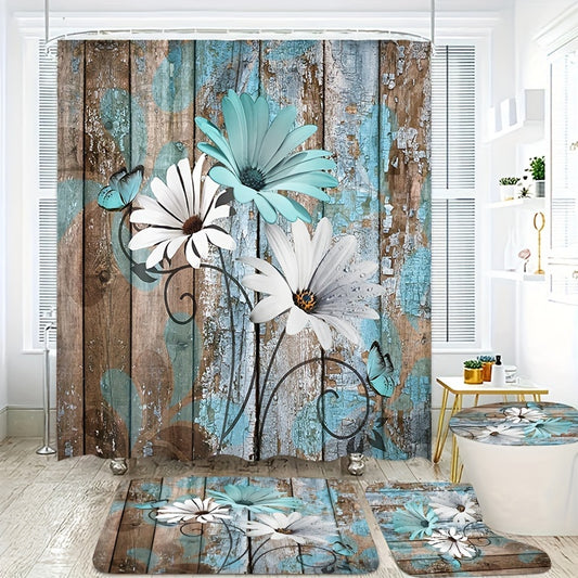 4-Piece Daisy Print Shower Curtain Set – Waterproof Bathroom Decor with Non-Slip Mats & Rust-Resistant Hooks