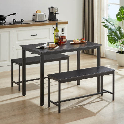 3-Piece Industrial Dining Table Set – Black Table with 2 Benches, Space-Saving Design for Kitchen or Living Room