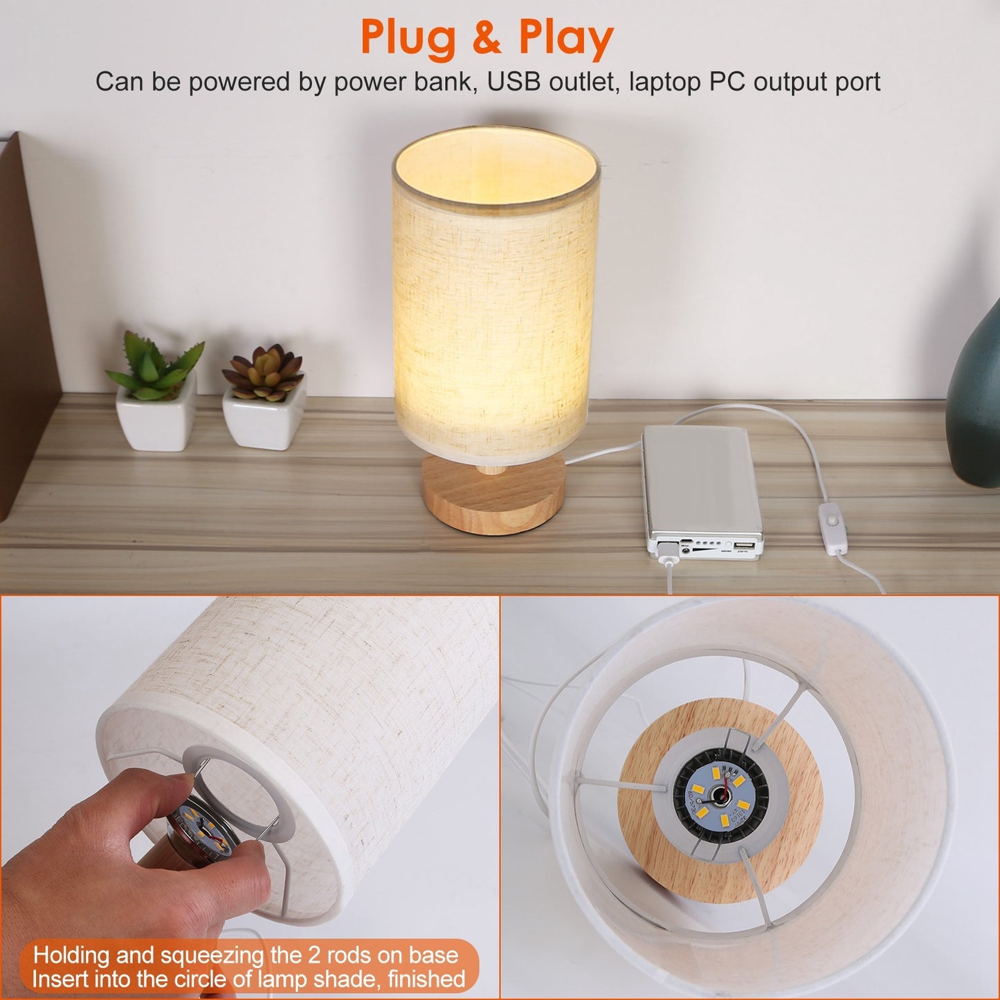Modern Bedside Lamp with USB Plug – Warm White Light, Minimalist Nightstand Lamp for Bedroom or Dorm