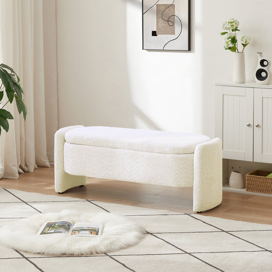 Ottoman Oval Storage Bench – Cream White (3D Lamb Fleece Fabric)