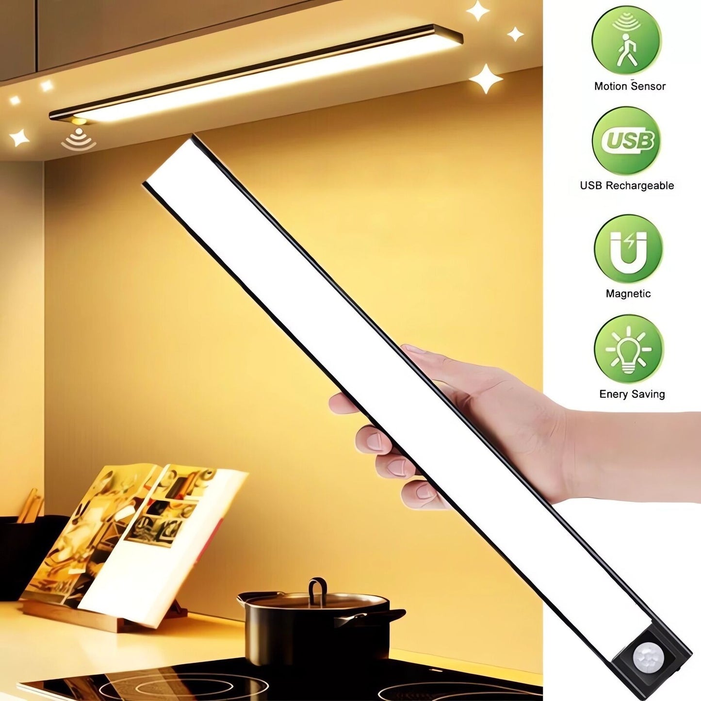 Dimmable LED Motion Sensor Cabinet Light – Rechargeable Magnetic Under-Closet Lamp