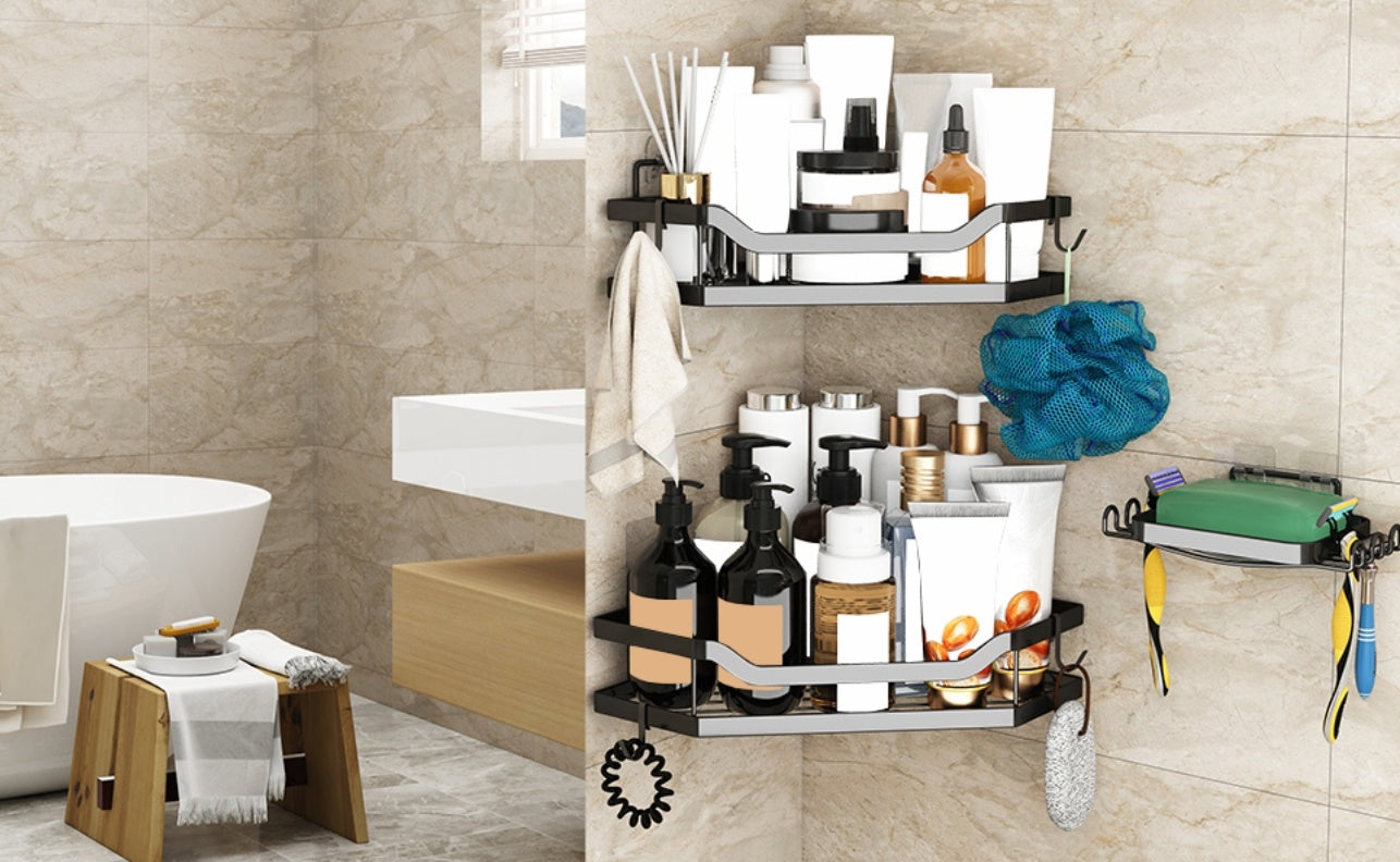 L-Shaped Corner Shower Rack – No-Drill Stainless Steel Shower Caddy with Hooks &amp; Adhesive Mount