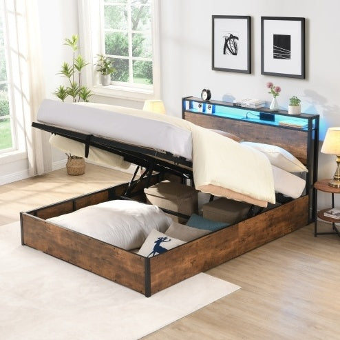 Wooden Platform Bed Frame with Lift-Up Storage & Built-In Charging Station