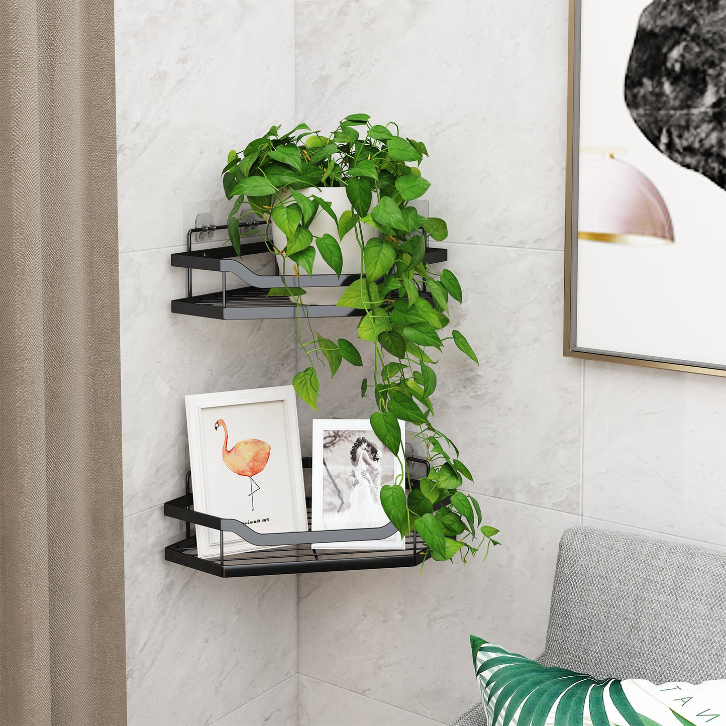 L-Shaped Corner Shower Rack – No-Drill Stainless Steel Shower Caddy with Hooks &amp; Adhesive Mount