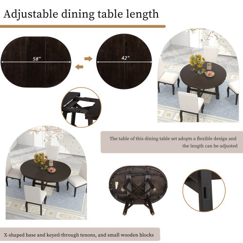 55" Farmhouse Round Extendable Dining Table – Solid Wood Kitchen Table with 16" Leaf, Espresso Finish