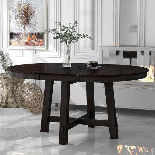 55" Farmhouse Round Extendable Dining Table – Solid Wood Kitchen Table with 16" Leaf, Espresso Finish