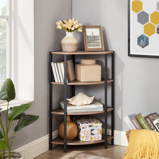 4-Tier Corner Shelf – Rustic Black & Brown Display Stand for Kitchen or Living Room