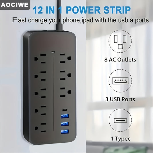 Surge Protector Power Strip – 8 AC Outlets, 3 USB + 1 USB-C Port, Flat Plug with Angled Design (Black/White)