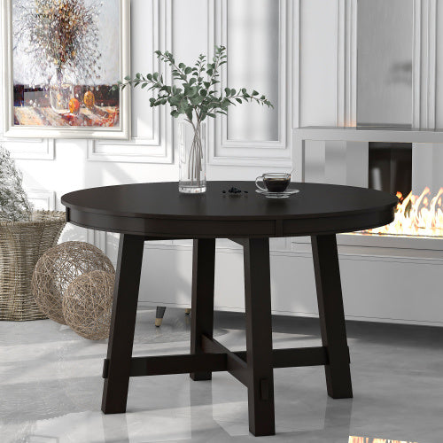 55" Farmhouse Round Extendable Dining Table – Solid Wood Kitchen Table with 16" Leaf, Espresso Finish