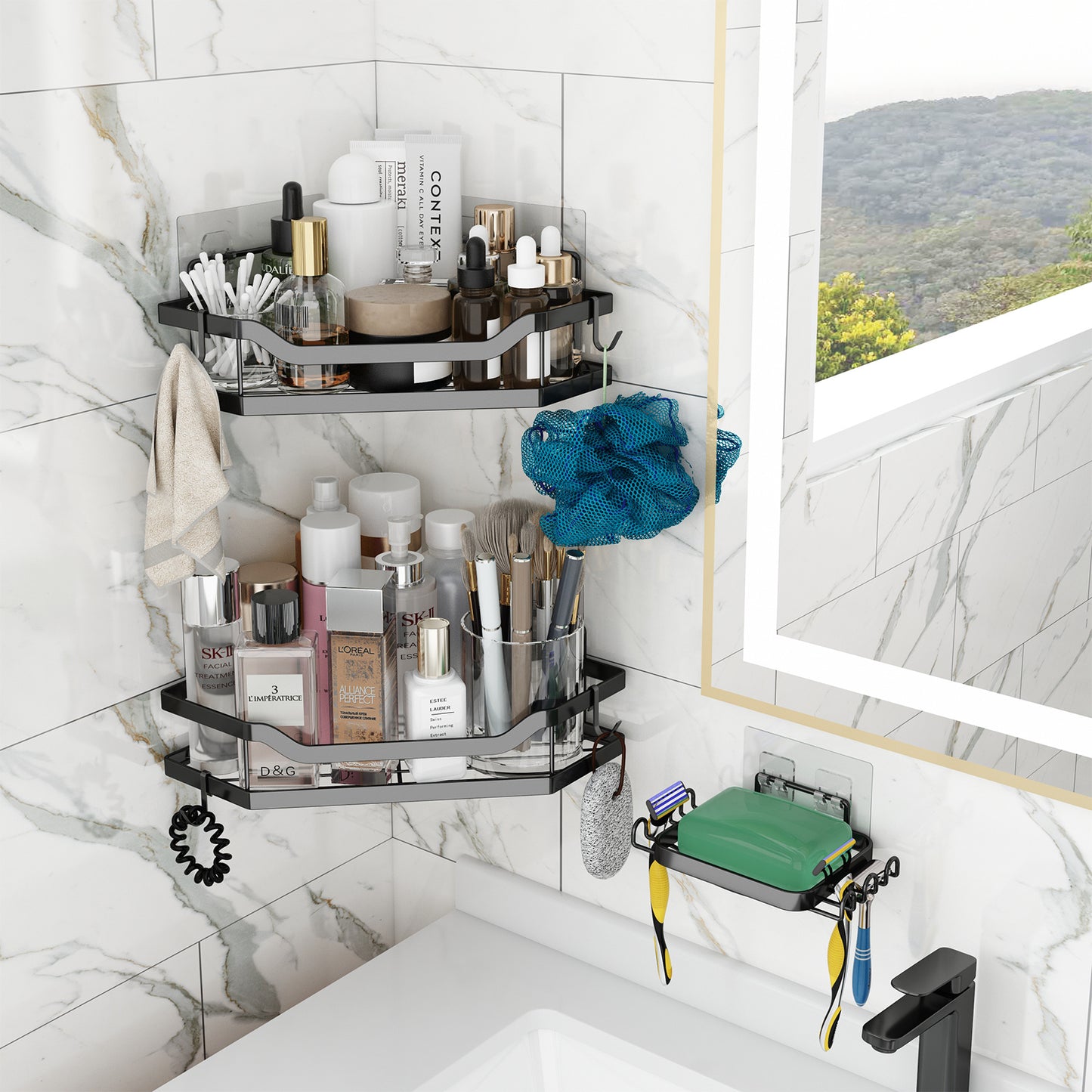 L-Shaped Corner Shower Rack – No-Drill Stainless Steel Shower Caddy with Hooks &amp; Adhesive Mount